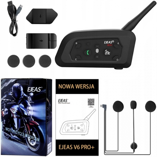 INTERKOM INTERCOM MOTOCYKLOWY EJEAS V6 PRO+ NOWA WERSJA 1200m Bluetooth HQ