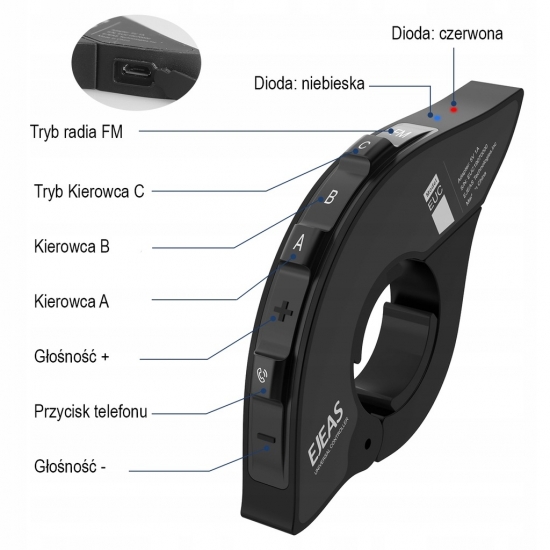 PILOT STEROWANIA INTERKOMU INTERCOMU NA KIEROWNICĘ EUC EJEAS BLUETOOTH 5.1