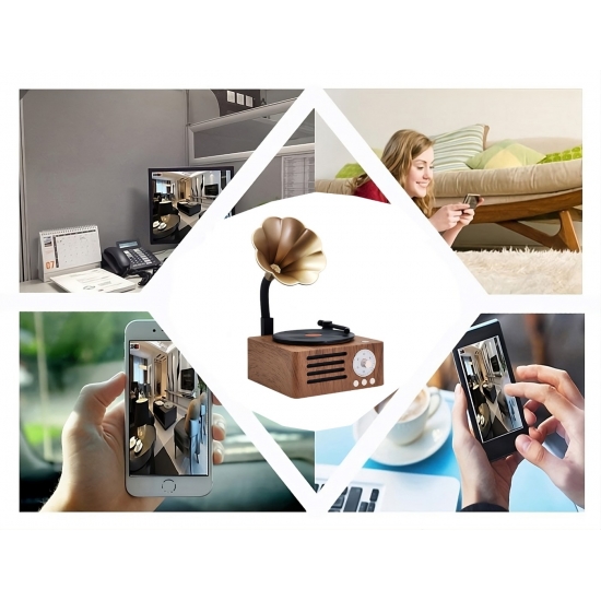 GŁOŚNIK BLUETOOTH GRAMOFON Z UKRYTĄ KAMERĄ WiFi, DETEKCJA RUCHU, APLIKACJA