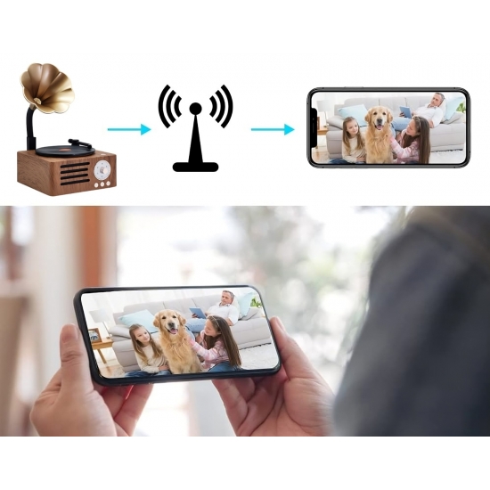 GŁOŚNIK BLUETOOTH GRAMOFON Z UKRYTĄ KAMERĄ WiFi, DETEKCJA RUCHU, APLIKACJA