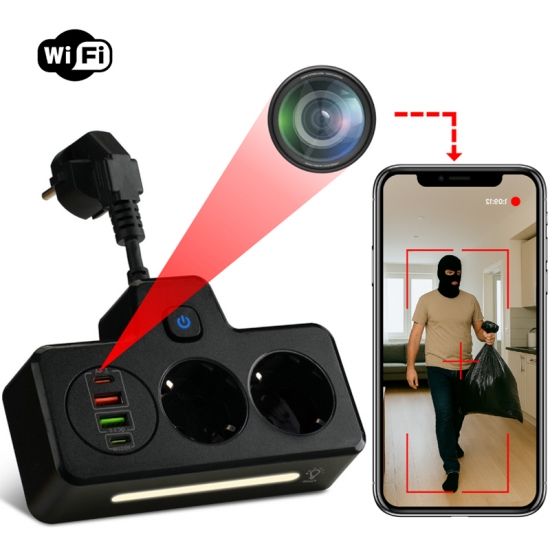 DYSKRETNIE UKRYTA KAMERA SZPIEGOWSKA WiFi W PRZEDŁUŻACZU DETEKCJA RUCHU