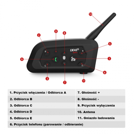 INTERKOM INTERCOM MOTOCYKLOWY EJEAS V6 PRO+ NOWA WERSJA 1200m Bluetooth HQ